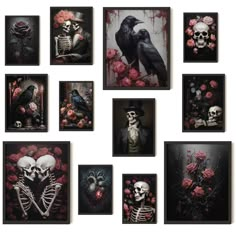 a group of framed pictures with skulls and roses on them, all decorated in black