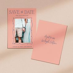 a pink save the date card with an image of a man and woman holding hands