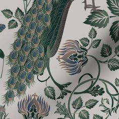 an image of peacocks and leaves on a white wallpaper background with green accents