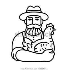 a black and white drawing of a man holding a chicken in his arms with a hat on