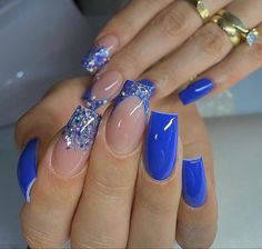 Fancy Navy Nails, Blue Purple Sparkle Nails, Royal Blue And Glitter Nails, Trendy Nails Navy Blue, Royal Blue Nails For Prom Glitter, Royal Blue Prom Acrylic Nails, Royal Blue Birthday Nails Short, Royal Blue Prom Dress Nail Ideas, Royal Blue Acrylic Nails For Graduation