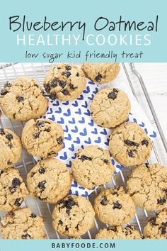 blueberry oatmeal cookies on a cooling rack with the words, blueberry oatmeal cookies