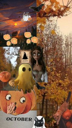 a collage of halloween images including pumpkins, ghost and other things in the background