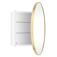 an empty white cabinet with a mirror on the wall and gold trimming around it