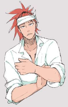 an anime character with red hair wearing a white shirt and holding his arms crossed in front of him