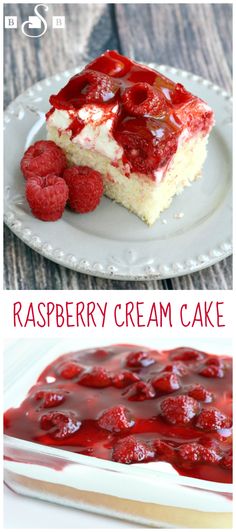 raspberry cream cake on a white plate