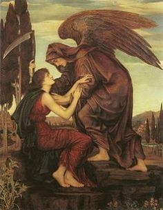 an angel kneeling next to a woman with her arm around the head, in front of a