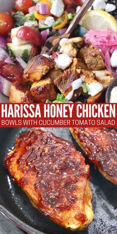 cooked chicken in bowl and in skillet with harissa honey glaze Cava Salad, Cava Bowl Recipe Chicken, Cava Chicken, Cava Bowl Copycat, Copycat Cava Recipes, Cava Chicken Bowl, Homemade Cava Bowls