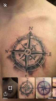 a man with a compass tattoo on his chest and the other images below him are also showing