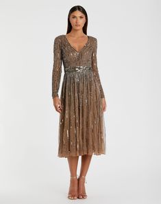 Long Sleeve Tea Length Dress Cocktail Dress With Draped Sleeves And V-neck, Fall Formal Dresses, Destination Wedding Guest Dress, Luxury V-neck Midi Dress With Gathered Sleeves, Metallic V-neck Sequin Cocktail Dress, Tea Length Dress, Brown Long Sleeve, Mac Duggal Dresses, Dress Night Out