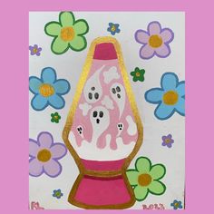 a painting of a pink and white vase with flowers around it on a floral background