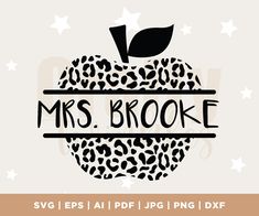 an apple with leopard print on it and the words mrs brooke written in black ink