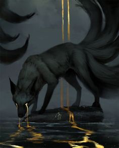 a painting of a wolf drinking water from a lake