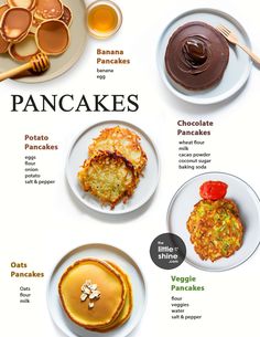 an image of pancakes on plates with different toppings and condiments to choose from