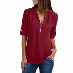 0.34 Size: XXL.  Color: Red.  Gender: female.  Age Group: adult. Blouse Classy, 2020 Clothes, Chiffon Tops Blouses, Zipper Shirt, Chiffon Blouses, Women White Blouse, Plain Blouse, Top Clothing, Women Tshirt