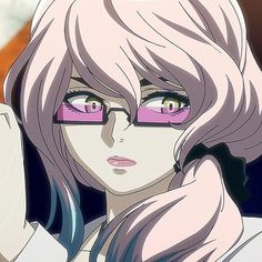 an anime character with pink eyes and long hair, wearing black eyeglasses while holding her hand up to her ear