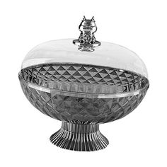 a glass covered dish with a cat on top