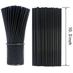 a black plastic straw is shown next to the measurements for an item that looks like it has