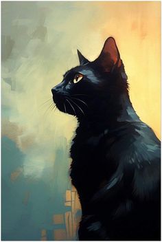 a painting of a black cat looking off into the distance with yellow and blue background