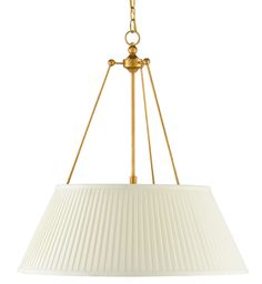 a light fixture with a white pleated shade on the bottom and gold chain around it