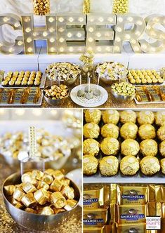 gold and white dessert table with lots of treats on it's sides, including chocolates