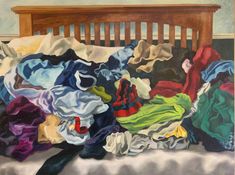 a painting of clothes piled on top of each other in front of a wooden bench