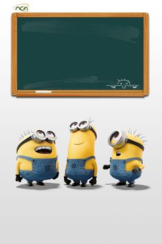 three minion characters standing in front of a blackboard