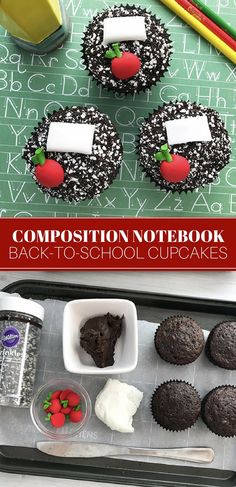 the composition notebook has chocolate cupcakes with white frosting