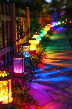 colorful lights are lit up on the walkway