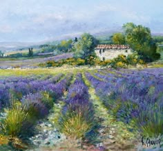 a painting of a lavender field with a house in the distance