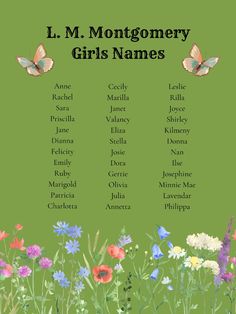 the front cover of l m montgomery's girls names, with flowers and butterflies