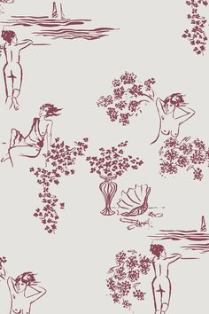 a wallpaper with people on the beach and flowers in vases next to them