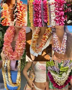 several different types of necklaces are shown in this collage, including pink and white flowers