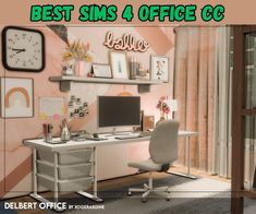 a computer desk sitting in front of a wall with pictures on it and the words best sims 4 office c