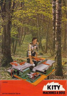 a man is cutting wood in the woods with a mitt saw and table saw