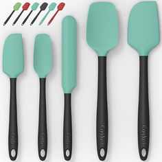 five kitchen utensils are lined up next to each other, including spatulas and spoons