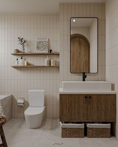 a white toilet sitting next to a sink in a bathroom under a mirror above a wooden shelf