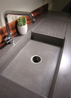 there is a sink in the bathroom with a plant next to it on the counter