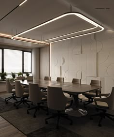 an empty conference room with white chairs and a large wooden table in the middle of it