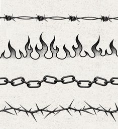 barbed wire with fire and flames drawn on it, set of four different designs in black and white