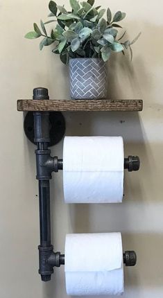 two rolls of toilet paper sitting on top of a shelf next to a potted plant