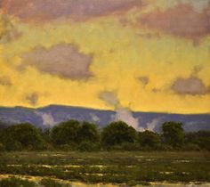 an oil painting of trees and mountains in the distance with yellow clouds above them on a cloudy day