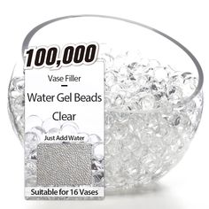 a glass bowl filled with water beads and a label stating suitable for 12 vases