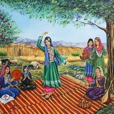 a painting of women sitting on a blanket under a tree