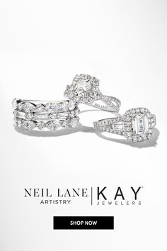 three diamond rings with the words, neil lane kay artisan jewelers shop now