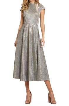 Mac Duggal Sparkle Pleated Cap Sleeve Midi Fit & Flare Dress | Nordstrom Silver Midi Dress, Gaun Koktail, Midi Dress Style, Dress With Sleeves, Cap Dress, Midi Cocktail Dress, Glitter Dress, Midi Sheath Dress, Mac Duggal