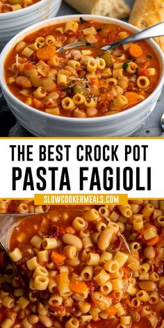 Close up of pasta Fagioli in a white bowl and in a Crock-Pot. Small Crockpot Meals, Easy To Go Meals, Crockpot Lunch Warmer Recipes, Crockpot Potluck Ideas For Work, Crock Pot Pasta Fagioli, Pasta Fagioli Crockpot, Crock Pot Pasta, April Meals