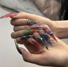 Xg Nails, Eccentric Nails, Chrome Stiletto Nails, Kitsch Nails, Chunky Nails, Nail Y2k, Japan Nails, Extreme Nails, Abstract Nails