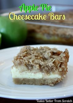 apple pie cheesecake bars on a white plate