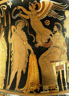 an ancient greek vase with two women and one man on it's side, painted in black and gold